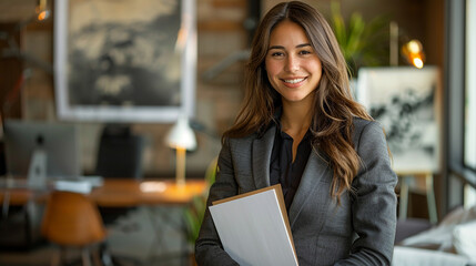 Wall Mural - A confident female executive in a charcoal suit, holding a neat stack of papers, stands in an office with modern decor and a large wooden desk in the background.