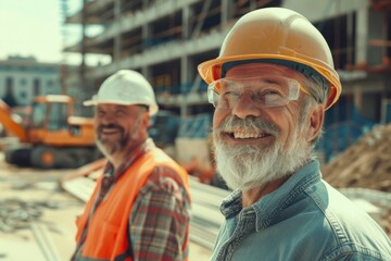 Wall Mural - Two workers in protective gear standing near construction equipment