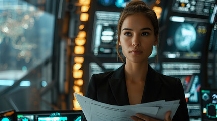 Wall Mural - A confident female executive in a charcoal suit, holding a neat stack of papers, stands in an office with modern decor and a large wooden desk in the background.