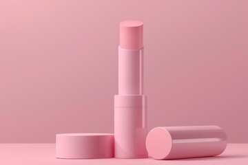 Wall Mural - A tube of pink lipstick sits on a pink background, ready for use