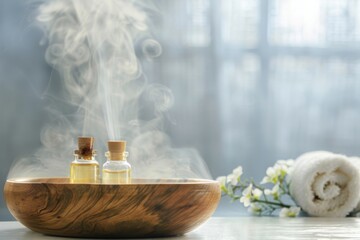 Detail shot of a steam rising from a bowl of aromatic essential oils in a spa setting Illustration on a clear white background --ar 3:2 --style raw Job ID: 2813ba77-35c4-4ed2-a07e-812f3988bc79