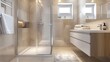 © JP STUDIO LAB - A modern bathroom with a glass shower, a sleek vanity, and fluffy towels, with copy space, high-resolution photo, realistic photo, hyper realistic