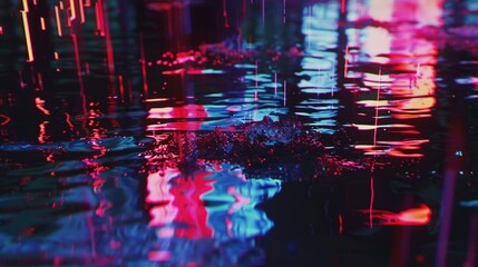 Aufkleber - A close-up shot of a puddle of water with vibrant neon lights reflecting on its surface