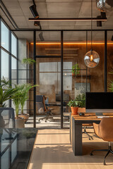 Poster - Modern sunny open space office interior with big windows and green plants