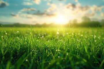 Poster - Close-up of water droplets on a field of grass, perfect for environmental or scientific use