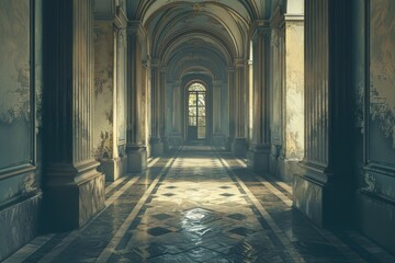 Aufkleber - A long hallway with columns and a clock on the wall, perfect for architectural or interior design projects