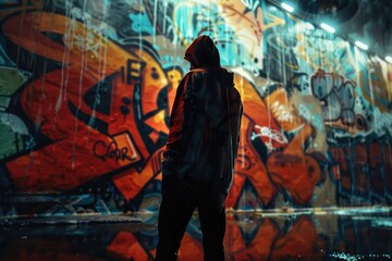 Sticker - A person stands in front of a vibrant, colorful graffiti-covered wall