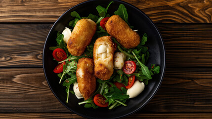 Wall Mural - Bowl of salad with arugula, fried cheese croquettes, cherry tomatoes, and mozzarella balls on a wooden table.