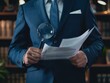 © ParinApril - A professional man in a suit examines documents with a magnifying glass, showcasing attention to detail in a modern office.