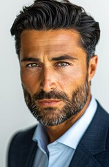 A man with a beard and blue blazer looks directly at the camera with a serious expression