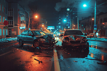 Night traffic collision. Two broken cars in the middle of road got into an collision