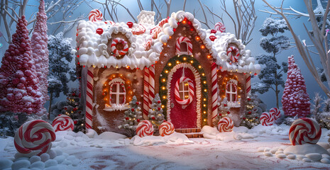 Wall Mural - A gingerbread house with candy cane decorations and a red door