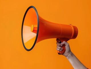 A vibrant orange megaphone held in hand against a bold orange background, perfect for communication or announcement concepts.