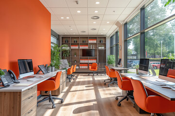 Poster - Modern bright open plan office with orange details and nobody working