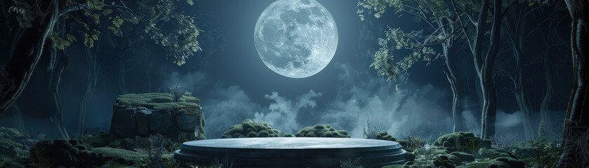 mystical forest scene with a full moon illuminating an ancient stone altar, surrounded by mist and t