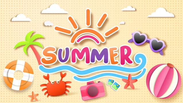 Summer holiday with paper cut style symbols and icons for greeting cards. Invitation background. Ideal for advertising, banners, cards, stickers and greeting card.