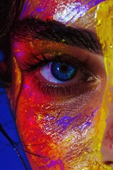 Aufkleber - A close-up shot of a person's face covered in colorful paint