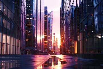 Poster - Urban scenery with reflections on wet pavement