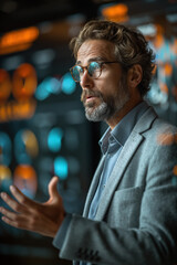 Poster - Businessman analyzing data on big data screen gesturing with hands