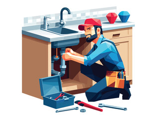 Low polygon of a plumber, character in home, residential setting, fixing a skink pipe under a kitchen counter, vector illustration