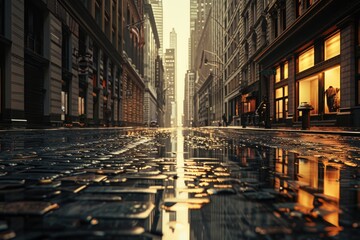 Poster - A city street scene with a small puddle of water on the ground, suitable for use in urban or everyday life scenarios