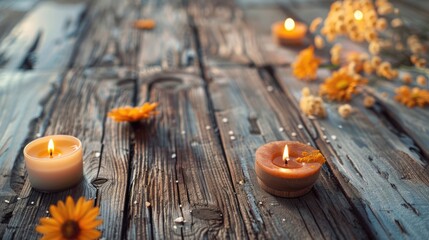Poster - A wooden table set with candles and flowers, perfect for romantic dinner or special occasion