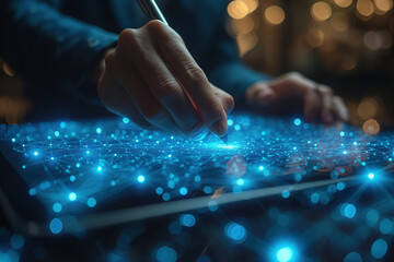 Poster - Businessman analyzing digital data using stylus pen on tablet