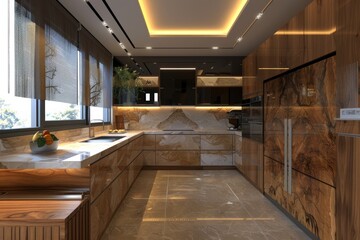 Wall Mural - modern kitchen in luxury house with marble and wood