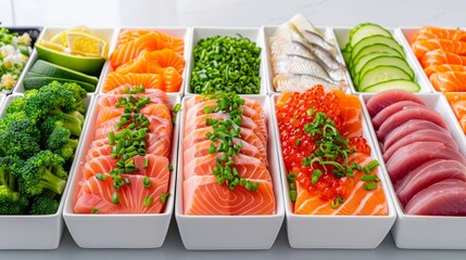 Wall Mural - A variety of seafood and vegetables are displayed in white bowls