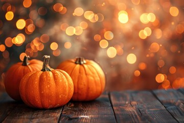 Poster - Three small pumpkins sit on a wooden table, perfect for fall decorations or Halloween themes