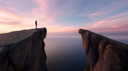 Canvas Print - Silhouette of a person standing on edge of a cliff overlooking a gap to another cliff with a serene ocean and colorful sunset background.