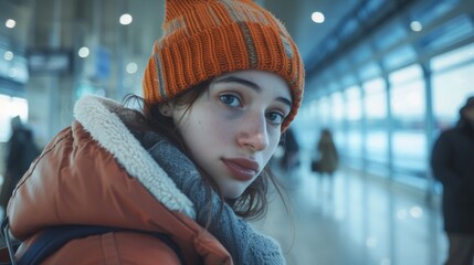 Poster - A person wearing bright orange hat and jacket walking or standing outside, possibly with a urban or city background