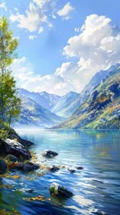 Wall Mural - A still mountain lake with autumn leaves floating on the surface