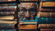 © RISHAD - Elderly man with glasses peering through a gap between stacks of old books. The scene conveys wisdom, curiosity, and a lifetime of knowledge accumulated through reading.