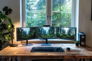 Wall Mural - A computer workstation with three monitors and a keyboard, ideal for office or home use