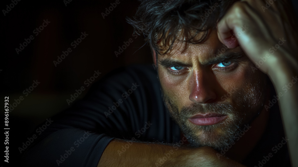 Handsome man with a serious, brooding expression, resting his head on ...