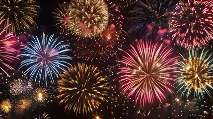 vibrant fireworks exploding in the night sky, filling the scene with color and light.