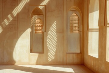 Poster - Cozy room with three arched windows and a tiled floor, ideal for interior design or architecture projects