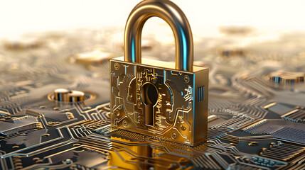 Poster - Golden padlock with integrated electronic circuits, password security technology for fraud prevention and confidential data network