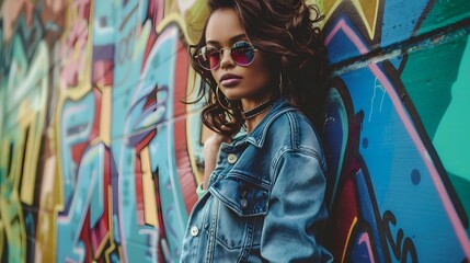 Woman in Men's Denim Jacket: A woman posing against a graffiti wall, wearing a men's denim jacket and stylish sunglasses.
