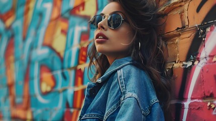 Woman in Men's Denim Jacket: A woman posing against a graffiti wall, wearing a men's denim jacket and stylish sunglasses.
