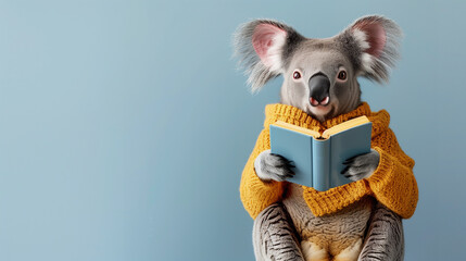 Wall Mural - Funny koala in yellow knitted sweater holding blue book, isolated in light blue backdrop with copyspace