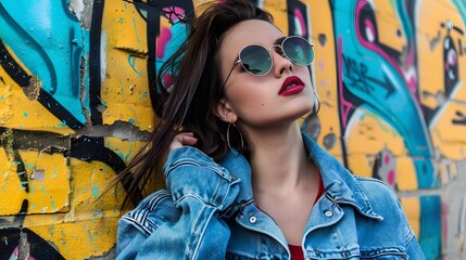 Woman in Men's Denim Jacket: A woman posing against a graffiti wall, wearing a men's denim jacket and stylish sunglasses.
