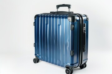 Poster - A small blue suitcase sits on a clean white floor, ready for travel or storage