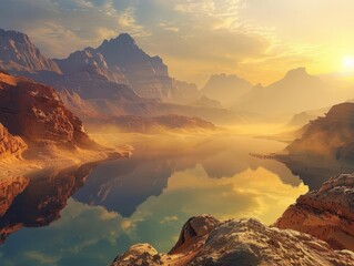 Wall Mural - tranquil oasis nestled amid towering desert mountains crystalclear lake reflects golden sunrise misty atmosphere lends dreamlike quality to arid landscape