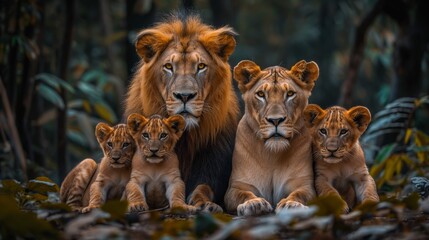 in a forest, a lion family with a male, lioness, and two cubs are together. cubs lean on parents whi