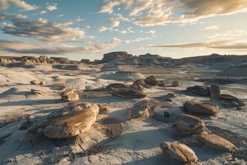 Poster - A desolate desert scene featuring rocky formations and sandy terrain