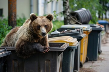 a bear climbs in trash cans near the house