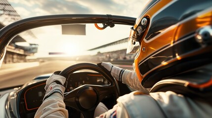 Sticker - A professional race car driver in a helmet and gloves driving a sports car on a racetrack at sunset.