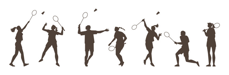 Set of black silhouettes of badminton players in action.